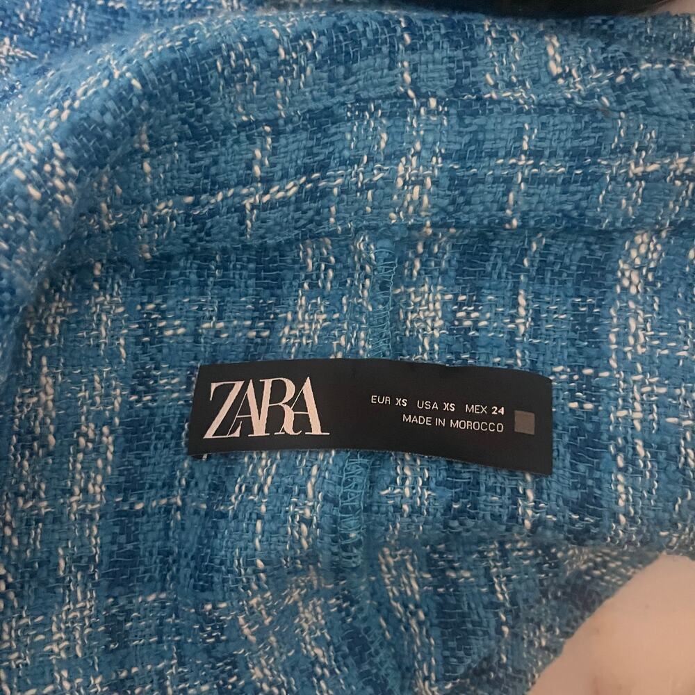 Zara Blue Checkered Tweed Cropped Breasted Blazer Rhinestone Buttons XS Collared - Picture 7 of 8